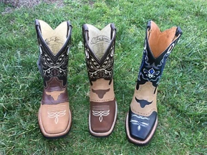 Men cowboy Genuine Cowhide Leather square toe Rodeo Western BOOTS Bota Vaquera - Picture 1 of 18