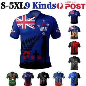 Men ANZAC Day Polo T-Shirt Lest We Forget New Zealand Flag Short Sleeve Tee Tops - Picture 1 of 21