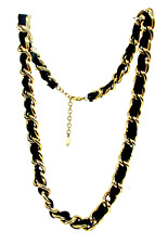 Coldwater Creek Black Ribbon and Gold Tone Chunky Chain Link Necklace Signed