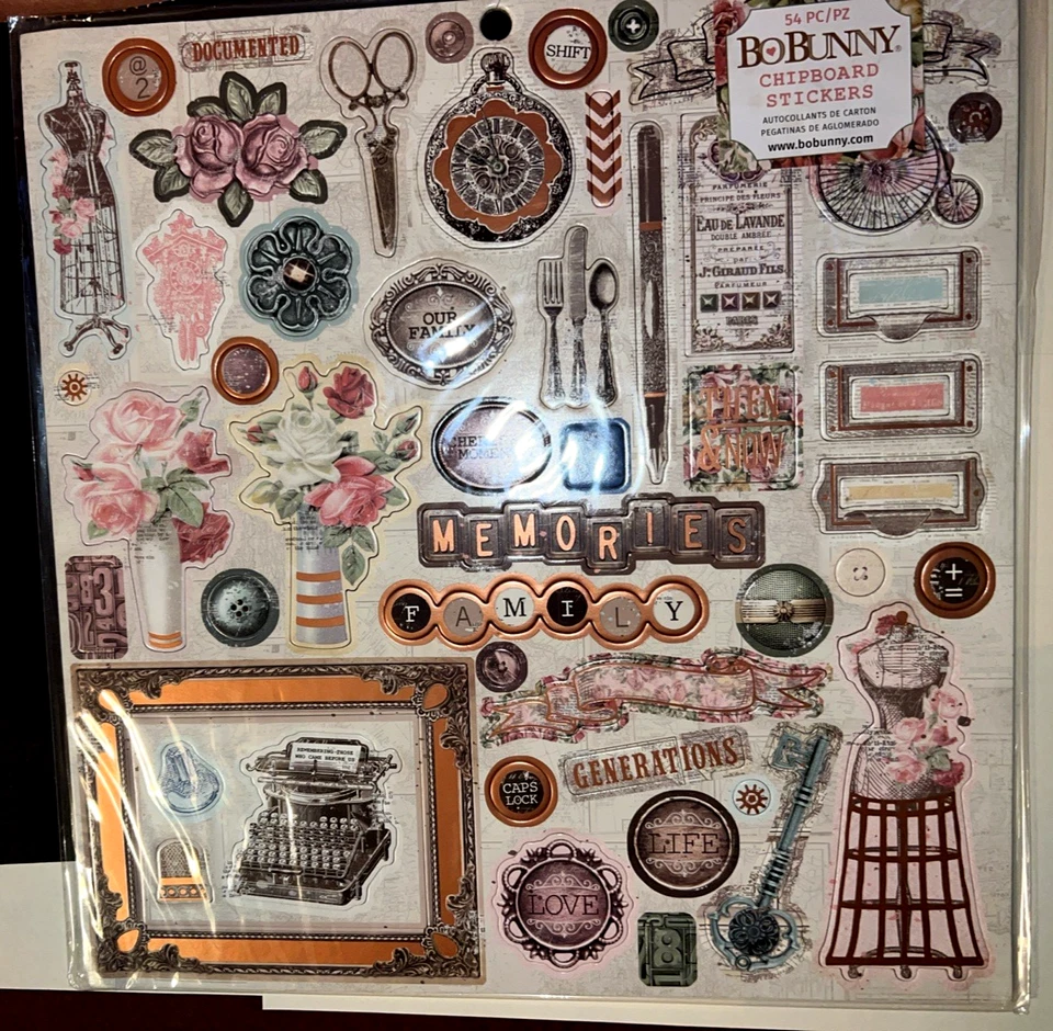 Pegatinas de aglomerado Bo Bunny 12" x 12" 54 piezas reliquias familiares NUEVO Foto 1 de 3