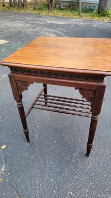 Vintage Victorian French Country Oak Side Table 24x24" Top. Spindle Shelf Signed - Image 1 of 4