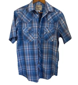 Wrangler - Men's Western Pearl Snap Button Short Sleeve Shirt, Size M Blue Plaid - Picture 1 of 6