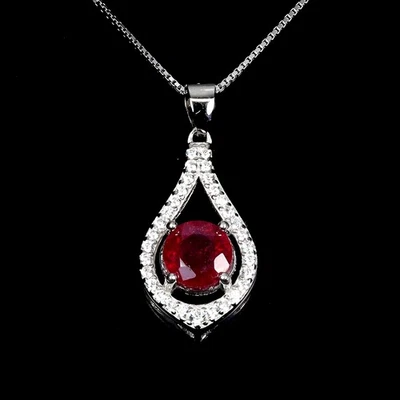 925 Sterling Silver Necklace Round Ruby 6mm Natural Gemstone Jewelry 18 Inches - Image 1 of 4