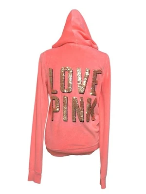 Victoria’s Secret LOVE PINK Velour Hoodie Gold Sequin Bling 2012 Vintage Size Sm - Image 1 of 4