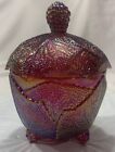 Fenton Iridescent Red Berry Leaves Covered Candy Dish Jar w Lid  ~ Stunning