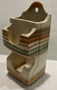 VINTAGE PORCELAIN WALL MOUNT MATCH HOLDER IN Southwest Stripe DESIGN ♡ 7" TALL - Picture 1 of 8