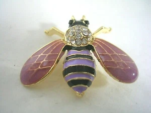 BEE PIN WITH PURPLE & BLACK ENAMEL WITH CUBIC ZIRCONIA IN GOLD TONED BRASS - Picture 1 of 10