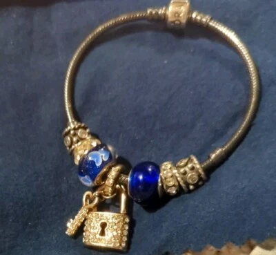 Authentic Pandora OXIDATE Bracelet + 3 Pandora W/QC Bead W/Gold Lock Plus 2 Spac - Image 1 of 4