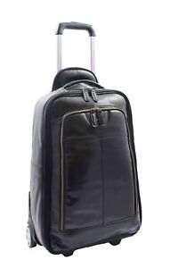 Genuine Black Leather Luggage Wheeled Cabin Size Suitcase Travel Bag Trolley NEW