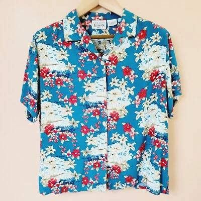 Blue Hawaiian Shirt Size Large Multicolor Floral Short Sleeve Basic Editions  - Image 1 of 4