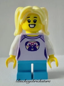 NEW Lego Girl Minifig LAVENDER SHIRT w/ Pug Dog Short Legs Blonde Ponytail - Picture 1 of 1
