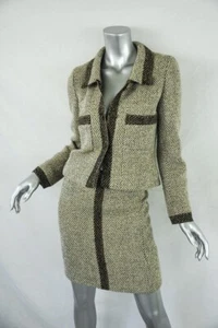 CHANEL BOUTIQUE Taupe Vintage TWEED SUIT Pencil Skirt Jacket Blazer 4/36 - Picture 1 of 12