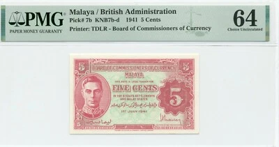 5 Cents 1941 Malaya / British Administration, Pick #7b - PMG Choice UNC 64 Foto 1 de 2