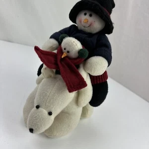 Snowman & Baby Snowman Riding a Polar Bear 11" Plush Christmas Holiday Deco - Picture 1 of 5