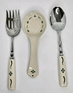 Longaberger Woven Traditions Green Heritage 11" Serving Spoon & Fork W/ 9" Rest - Picture 1 of 4