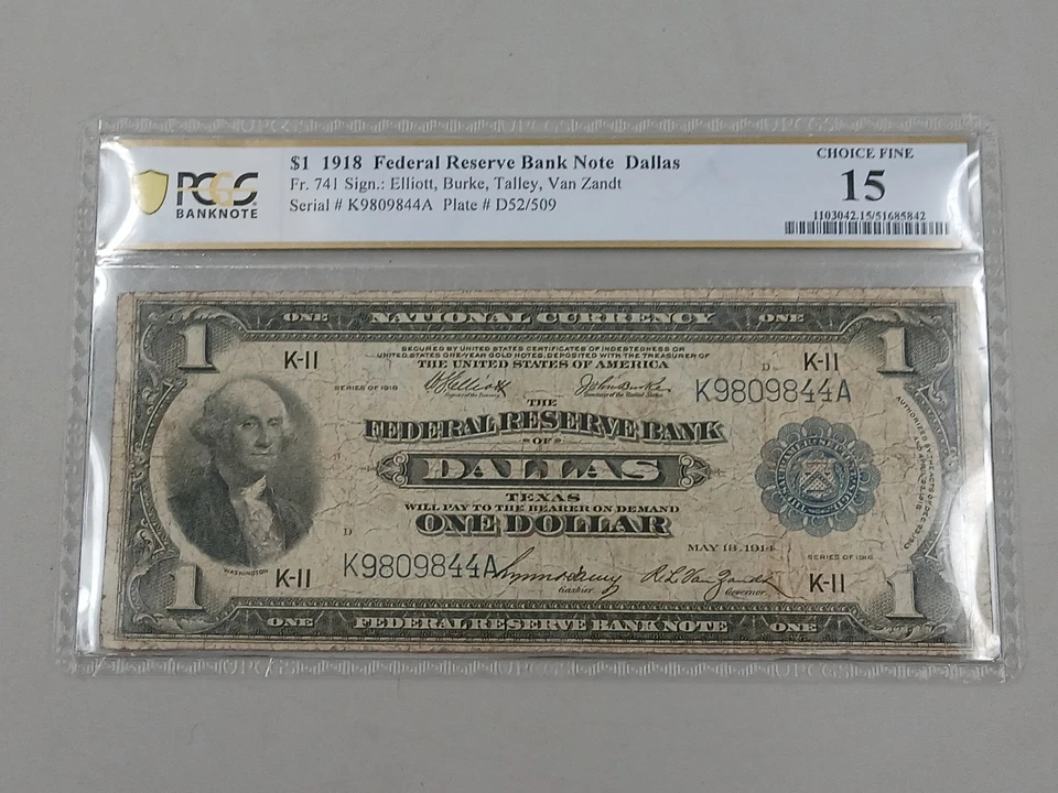 Fr.741 1918 FRBN *Tough* Dallas Green Eagle PCGS Fine 15 One Dollar Bill - Image 1 of 4