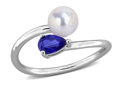 2/3 Carat (ctw) Lab-Created Blue Sapphire & Cultured Pearl Ring Silver - Image 1 of 4