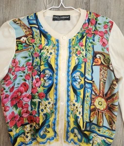 Dolce & Gabbana Floral Print Silk Button Front Knit Cardigan, Size Small - Picture 1 of 6