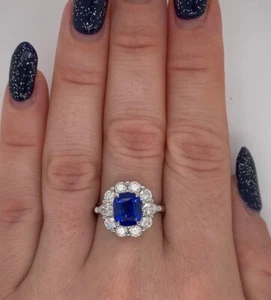 Blue Sapphire & Lab Grown Diamond Wedding Ring 14K White Gold 4.00 Ct Cushion - Picture 1 of 10