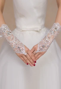 Guanti polsini sposa matrimonio bride gloves pizzo mani BIANCO lace polso strass - Foto 1 di 1