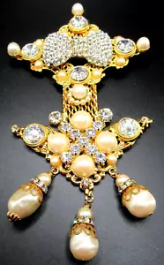 LAWRENCE VRBA 6.5" Sparkling Ice Rhinestone Faux Pearl Medal Badge Pin Brooch - Picture 1 of 6