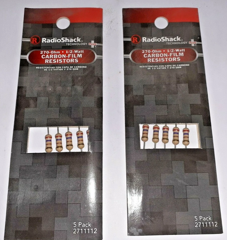RADIOSHACK 270-OHM 1/2 WATT CARBON-FILM RESISTOR 2711112 5 PACK LOT OF 2 - Image 1 of 3