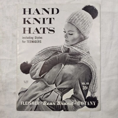 Rare 1962 Hand Knit Hats Bear Brand Yarn Knitting Crochet Pattern Book 69 - Image 1 of 4