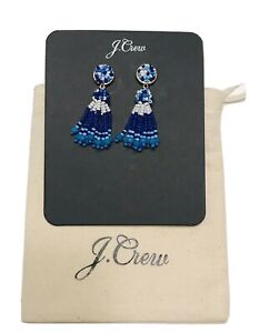 J Crew Blue & White Baby Bobina Beaded Tassel Pierced Earrings Nwt & Bag