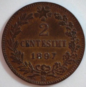 1897R Italy 2 Centesimi Copper Coin Umberto I Extra Fine 1897 R 2 Cents XF - Picture 1 of 2