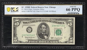FR. 1965-G 1950-D $5 FRN CHICAGO, IL PCGS BANKNOTE GEM UNCIRCULATED-66PPQ - Picture 1 of 2