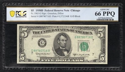 FR. 1965-G 1950-D $5 FRN CHICAGO, IL PCGS BANKNOTE GEM UNCIRCULATED-66PPQ - Image 1 of 2