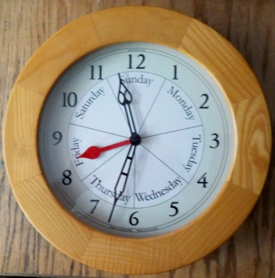 Dayclocks Wall Mount Clock Blond Wood & Glass, Time & Day of Week 12" Wide NM - Image 1 of 4