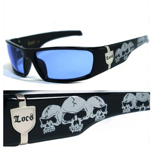 MEN BLUE LENS GANGSTER BLACK OG SUNGLASSES LOCS BIKER SKULL PATTERN ON THE ARMS - Picture 1 of 4