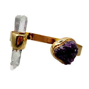 Amethsyt Druzy White Quartz Bangle Gold Electroplated Bracelet Adjustable - Picture 1 of 10