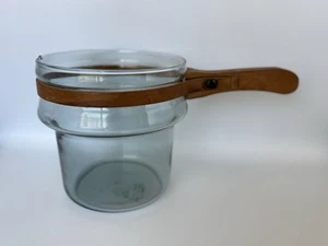 Vintage 1940s Pyrex Flame Ware Double Boiler Insert Wood Handle Light Blue Glass - Bild 1 von 14