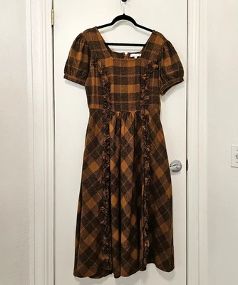 Ivy City Co Kimball Plaid Dress Rust & Black Flannel Ruffles Midi Length - Image 1 of 4