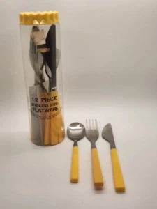 Vintage NOS 12 Stück Edelstahl gelb Kunststoffgriff MCM Besteck Set - Bild 1 von 13
