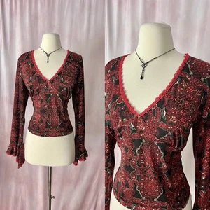 Vintage 90s Y2K Flare Sleeve Blouse XL Paisley V-Neck Whimsigoth Grunge Witchy - Picture 1 of 5