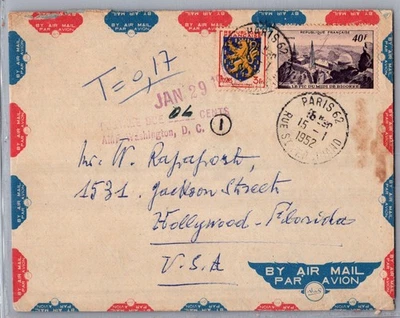 FRANCE 1952 POSTAL AIRMAIL COVER POSTAGE DUE 6c ADDR USA & POSTMARK PARIS - Image 1 of 2