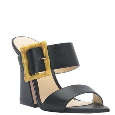 Jessica Simpson Cuero Negro Tacón de Mula Cuadrado Bambú Hebilla Punta Talla 7 Foto 1 de 4