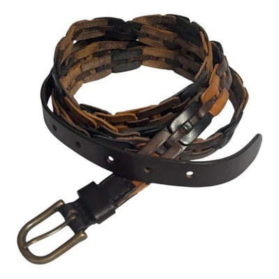 Free People Woven Leather Belt Brown Tan Black Brass Buckle Women One Size Boho - Image 1 of 4