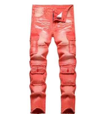 Мужская красный джинсовой ткани хлопок прямые штанины джинсы карманы брюки хип-хоп панк - Изображение 1 из 4