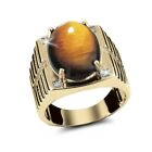 Natural Tiger's Eye Gemstone with Gold Plated 925 Sterling Silver Mens Ring 1615