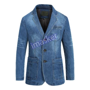 Men Vintage Denim Suit Jacket Vintage Casual Jean Top Slim Blazer Coat Fashion - Picture 1 of 25