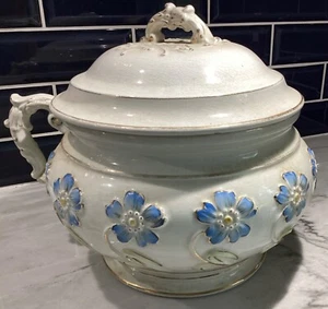 Antique Blue & Gold Victorian Ironstone Chamber Pot w/Lid 10.5” H x 11” W - Picture 1 of 7