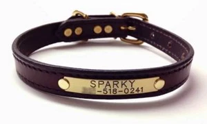 LEATHER DOG COLLAR 3/4" with Engraved Solid Brass Plate with two lines engraving - Picture 1 of 12