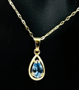 Echt Gold 333 Anhänger synth. Aquamarin Tropfen & Ankerkette Gelbgold Schmuck - Bild 1 von 6