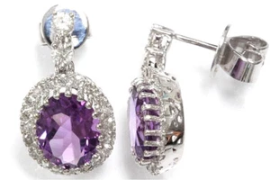 3.45 ct tw Natural Amethyst & Diamond Solid 14k White Gold Drop Earrings L 0.8" - Picture 1 of 1