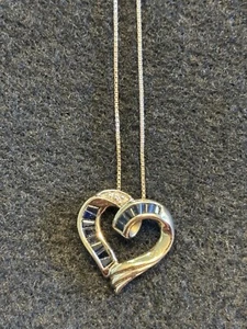 Sapphire & Diamonds 10K Gold Necklace Heart Pendant W/ 24” 10K Box Chain - Picture 1 of 14