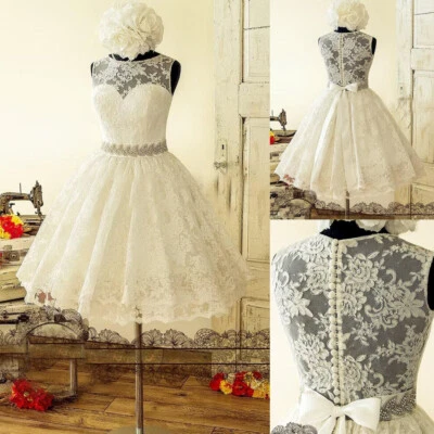 Lace Short Wedding Dresses Ivory Scoop Neck Sleeveless Knee Length Bridal Gowns - Image 1 of 4